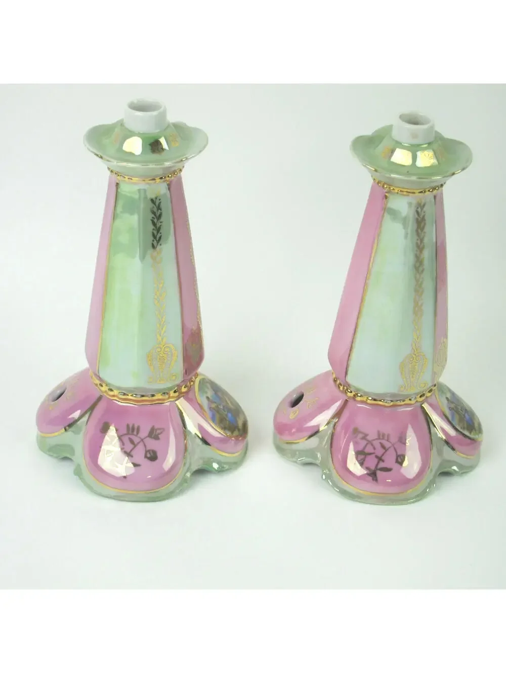 Antique Porcelain Lusterware Lamp Base Pink Green Gold Angelica Kauffman Germany